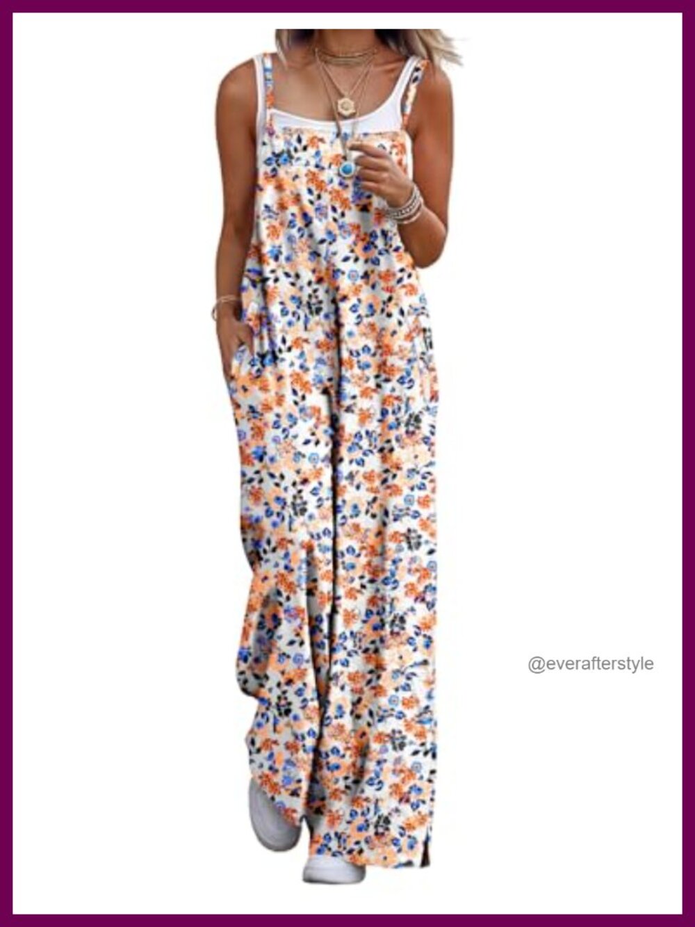 Boho Cotton Wide Leg Overalls Floral Print Sleeveless Jumpsuit with Pockets